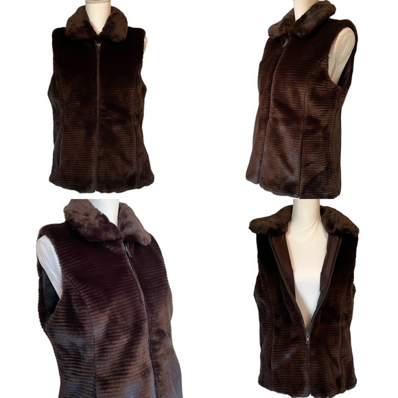 Liz Claiborne Chocolate Brown Reversible Zip-Up Faux Fur Women’s Vest Medium - Picture 6 of 14